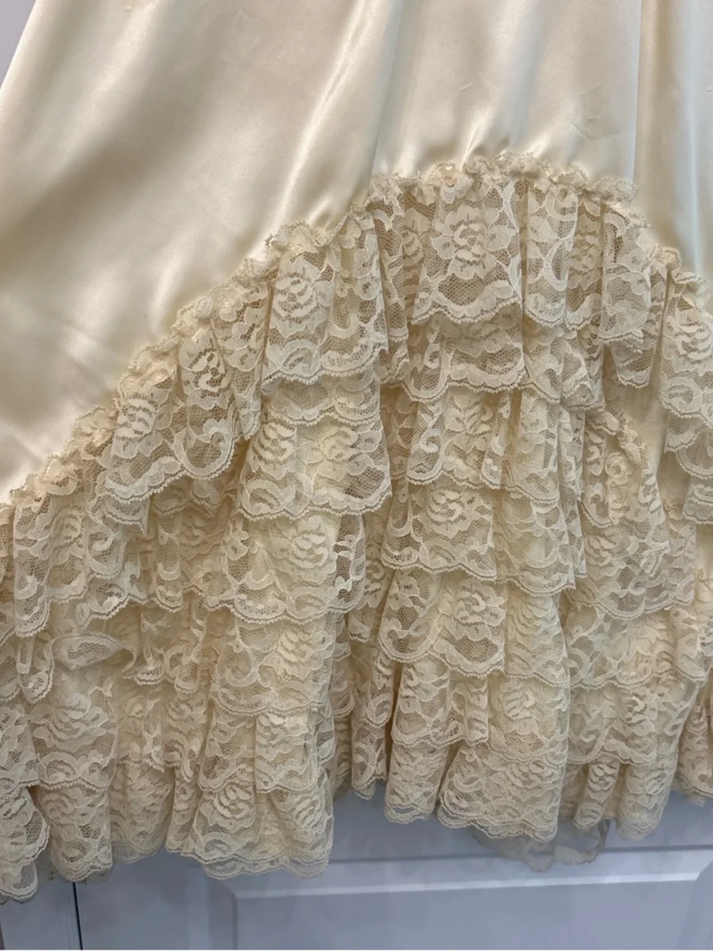 Vintage Victorian Girls Ivory Satin Lace Ruffled Dress with Burgundy Ribbon
